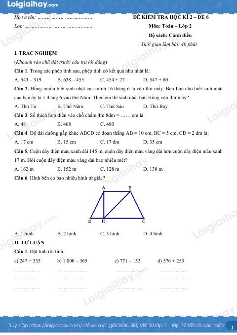 Đề kiểm tra học kì 2 Toán 2 Cánh diều - Đề số 6